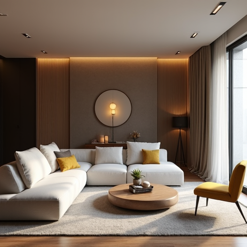 Современный интерьер с дизайнерской мебелью премиум-класса: белый модульный диван, жёлтое кресло и стильный декор в московской гостиной.