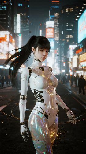 jimeng 2025 09 03 4419 中景，正面，平视，超写实，真人拍摄，女性，仿生人，黑色长发高马尾随风飘扬，透明材....png