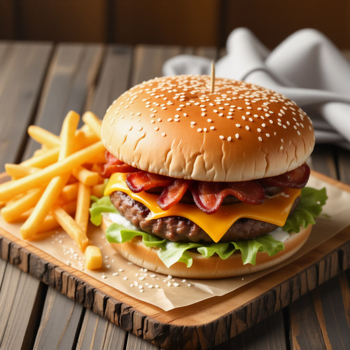 Subject a hyper realistic bacon cheeseburger stacked with a juicy patty smoky bacon melted cheddar f.jpg