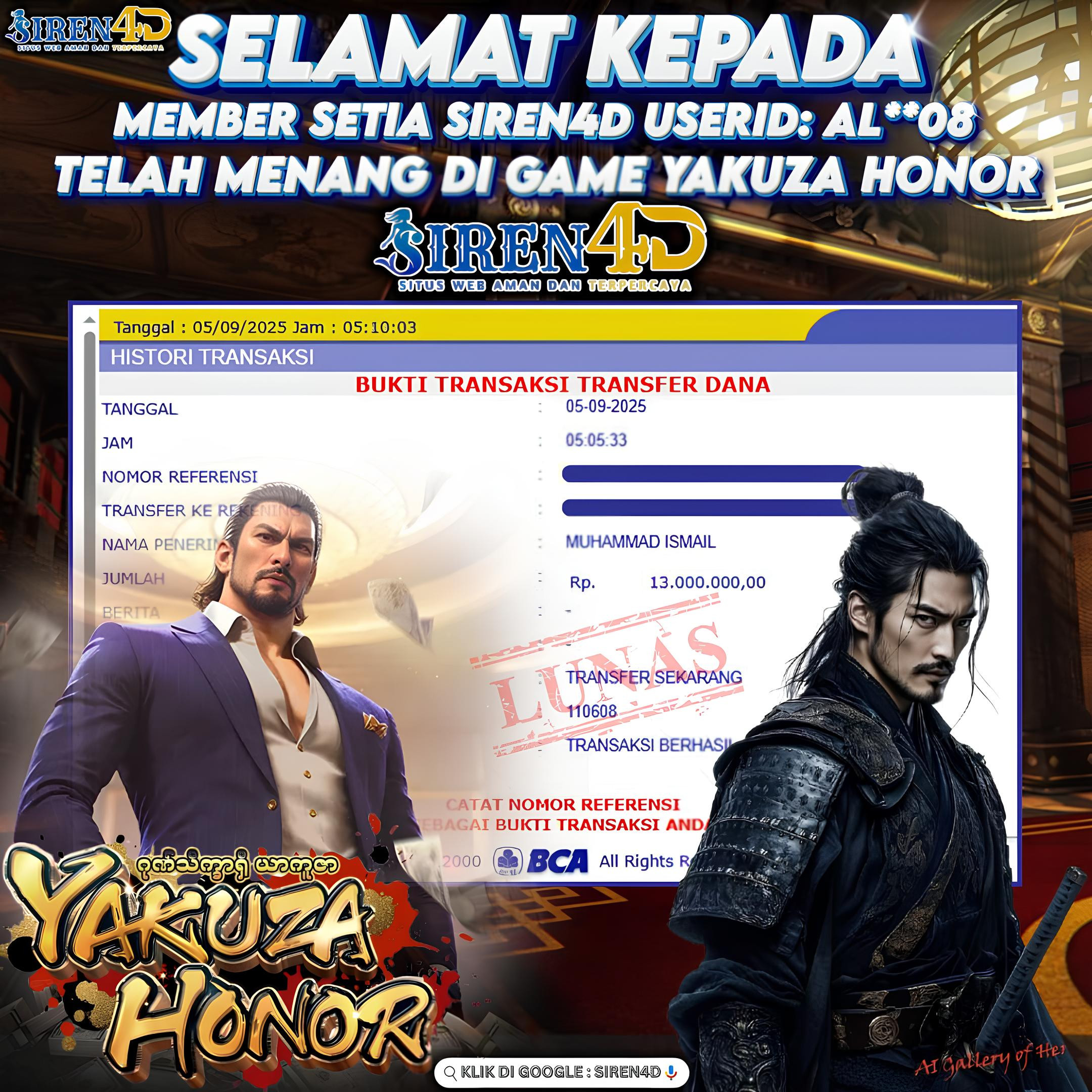 SIREN4D  - JACKPOT DI GAME SLOT YAKUZA HONOR RP 13JT DIBAYAR LUNAS