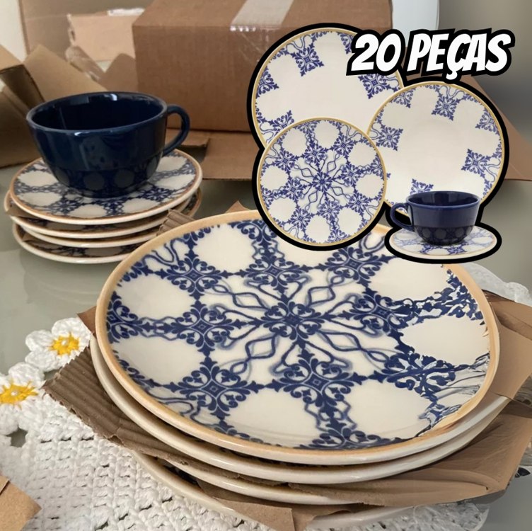 Aparelho De Jantar E Chá 20 Peças Unni Azulejo Português Cor Multicor