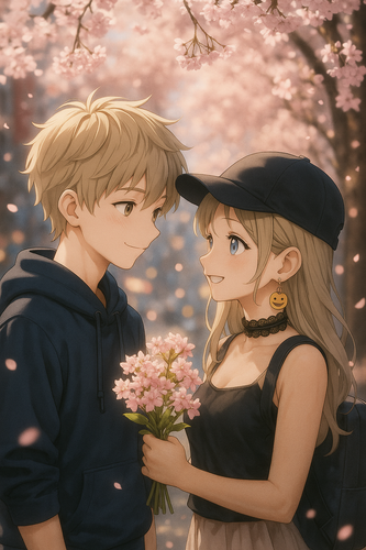 20251107 1216 Anime Couple Blossoms remix 01k9egxzzyfebav925r6ws5eve.png