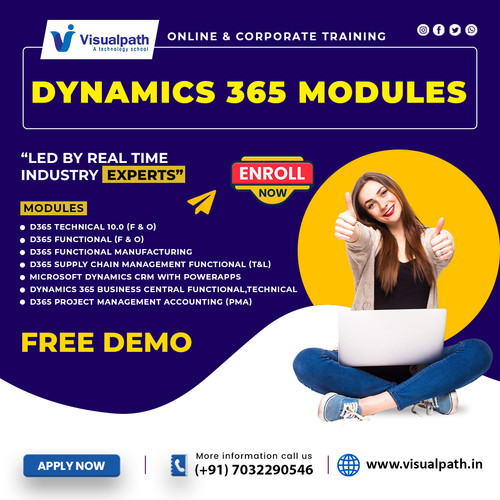 Build your future with job-focused Microsoft Dynamics 365 training designed by certified professionals. 🔑 Courses We Offer:
D365 Technical 10.0 (Finance & Operations)
D365 Functional (Finance & Operations)
D365 Functional – Manufacturing
D365 Supply Chain Functional (Trade & Logistics)
Microsoft Dynamics CRM with PowerApps
Business Central (Functional & Technical)
D365 Project Management Accounting (PMA)


🌟 Why Learn with Visualpath:
 ✅ Live and Recorded Sessions
 ✅ Free Demo Class
 ✅ Certification & Placement Assistance
 ✅ Corporate Training Options for Teams
💬WhatsApp: https://wa.me/c/917032290546
🌐 Know More: https://www.visualpath.in/online-microsoft-dynamics-ax-technical-training.html
📚 Read Our Blog: https://visualpathblogs.com/category/d365-ax-technical/