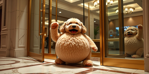 Big Belly Bob BBB a plush labradoodle with an absurdly large spherical belly desperately struggling .jpg