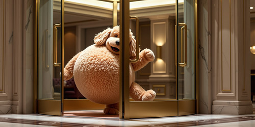 Big Belly Bob BBB a plush labradoodle with an absurdly large spherical belly hilariously stuck in a .jpg