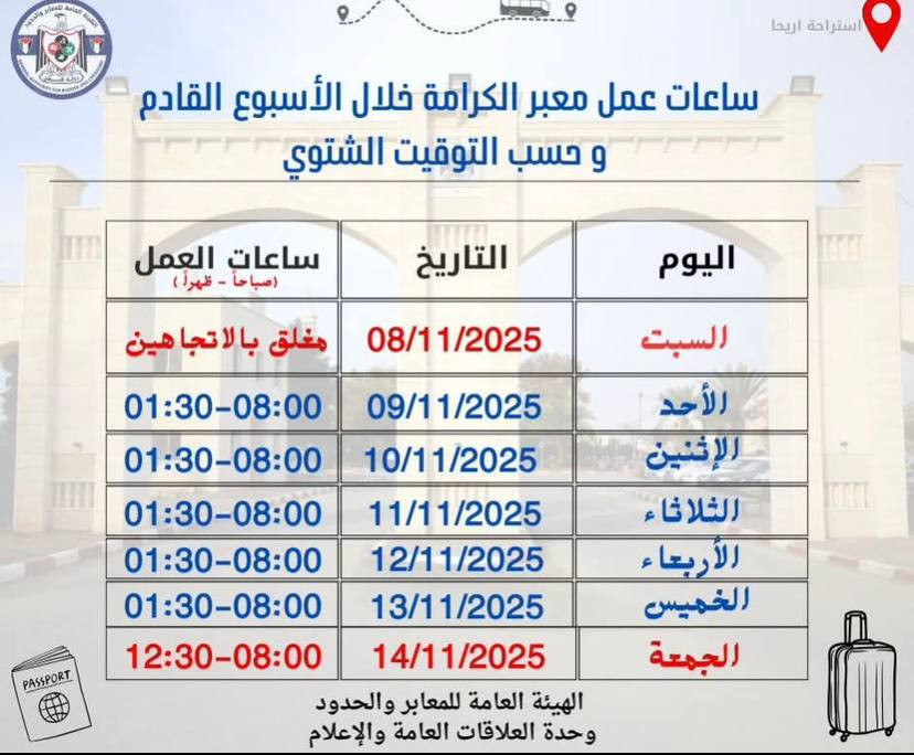 أعلنت الهيئة العامة للمعابر والحدود أن ساعات عمل معبر الكرامة الأسبوع القادم ستكون على النحو التالي، وحسب التوقيت الشتوي....