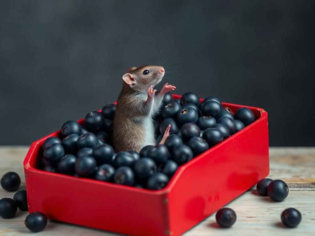 A red box of blue berries with a rat dancing inside