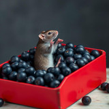 www.naked-ai.art - A red box of blue berries with a rat dancing inside