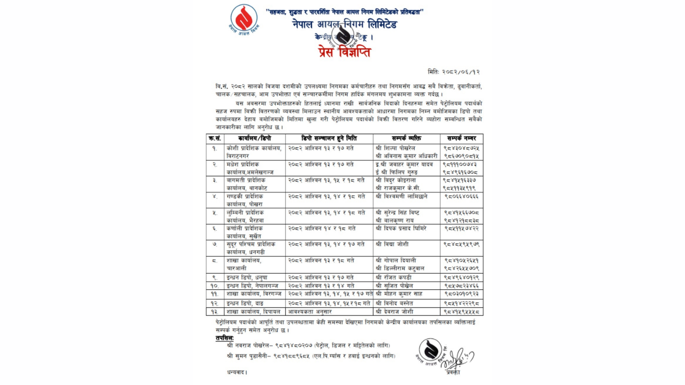 दसैं अवधिभर पेट्रोलियम पदार्थ वितरणका लागि यी स्थानका डिपोहरू सञ्चालनमा रहनेछन्