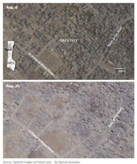 نشرت صحيفة نيويورك تايمز تقريرًا يفيد بأنه خلال ثلاثة أسابيع فقط، أظهرت صور الأقمار الصناعية حجم الدمار الذي أصاب حي الزيتون في جنوب مدينة غزة. التُقط...