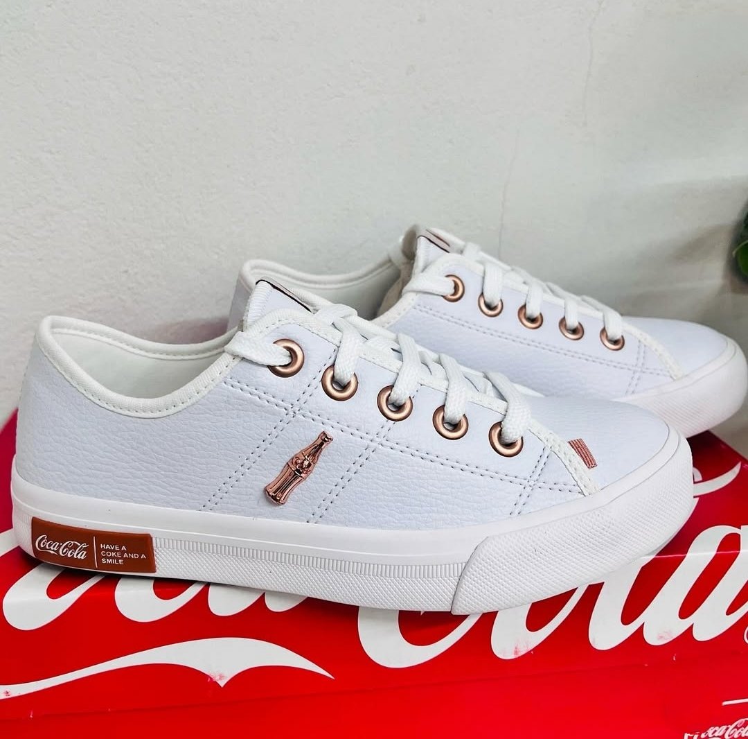 Tênis Coca Cola Branco Couro Confortável Casual – Feminino