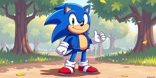 Cartoonish illustration of Big Belly Sonic a plump version of Sonic the Hedgehog with a large round .jpg