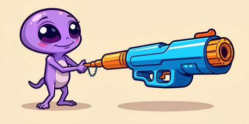 Cartoonish illustration of an Absurdly Adorable Alien AAA holding a Nerf gun The alien is small tran.jpg