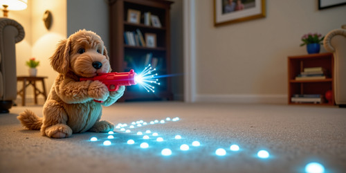 Ultra realistic depiction of Big Belly Bob the plush labradoodle holding a bright red BB gun in fron.jpg