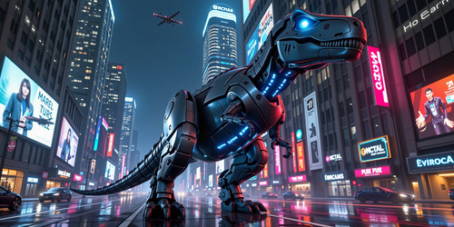 A hyper realistic portrait of a towering robotic dinosaur standing in a neon lit cyberpunk city at n.jpg