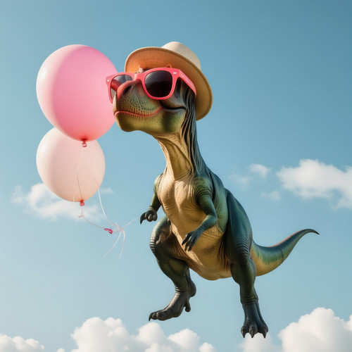A hyper realistic portrait of a brightly colored T rex wearing oversized neon sunglasses and a clown.jpg