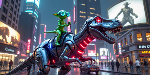 A hyper realistic scene showing an Absurdly Adorable Alien AAA riding a towering robotic dinosaur li.jpg