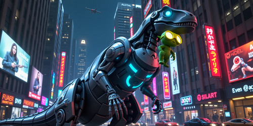 A hyper realistic scene of a towering robotic dinosaur standing in a neon lit cyberpunk city at nigh.jpg