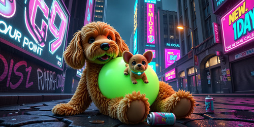 Subject Gig Belly Bob a plush labradoodle with an enormous balloon like belly holding a small dog do.jpg