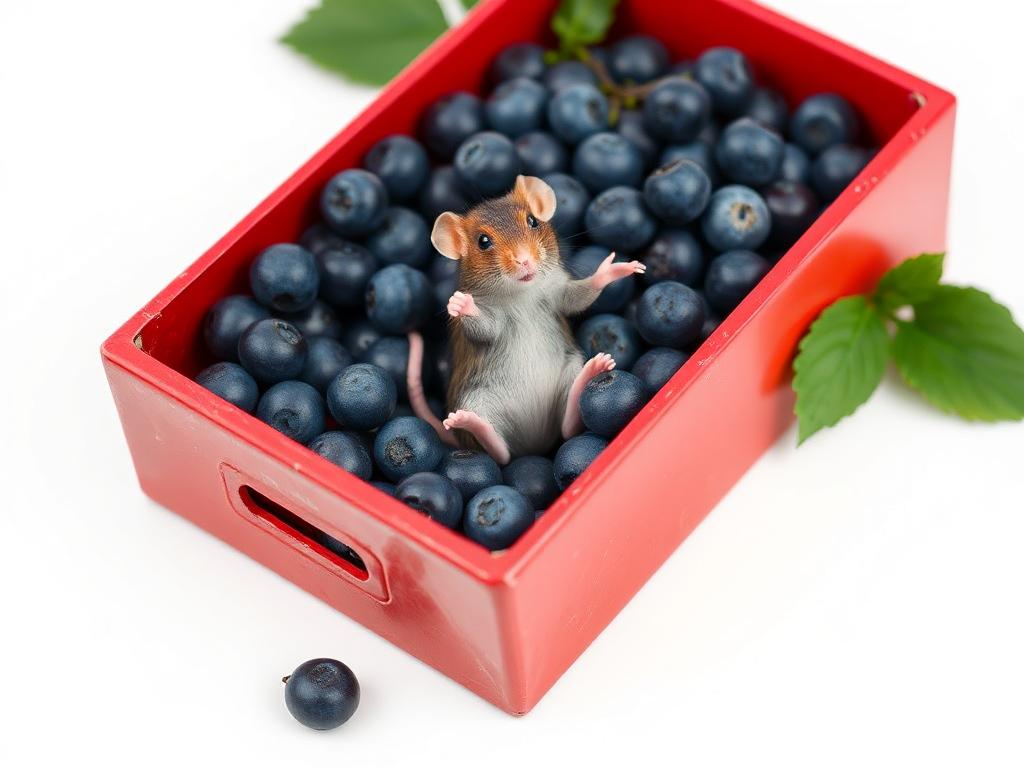 A red box of blue berries with a rat dancing inside