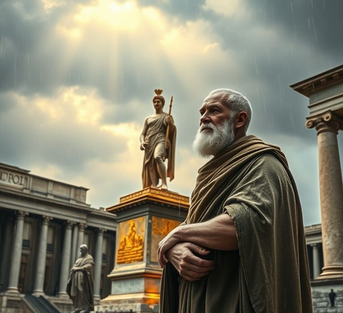 a philosophical depiction of an elderly roman senator in a damp tunic and cloak contemplating ne.png