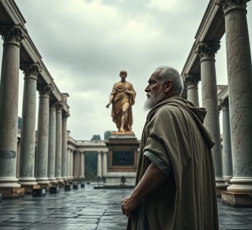 a somber stoic scene of an aged senator in a toga standing amidst the ancient roman forum observ.png
