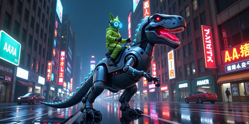 Hyper realistic scene of an Absurdly Adorable Alien AAA riding a towering robotic dinosaur like a ho.jpg
