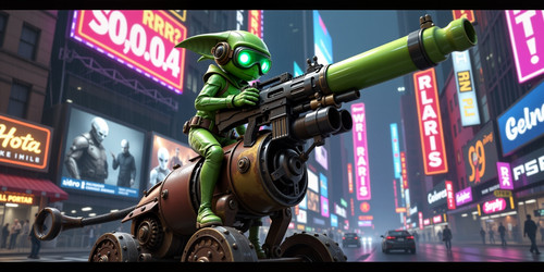 Hyper realistic scene of an Absurdly Adorable Alien AAA riding a Retro Rogue Robot RRR like a steamp.jpg