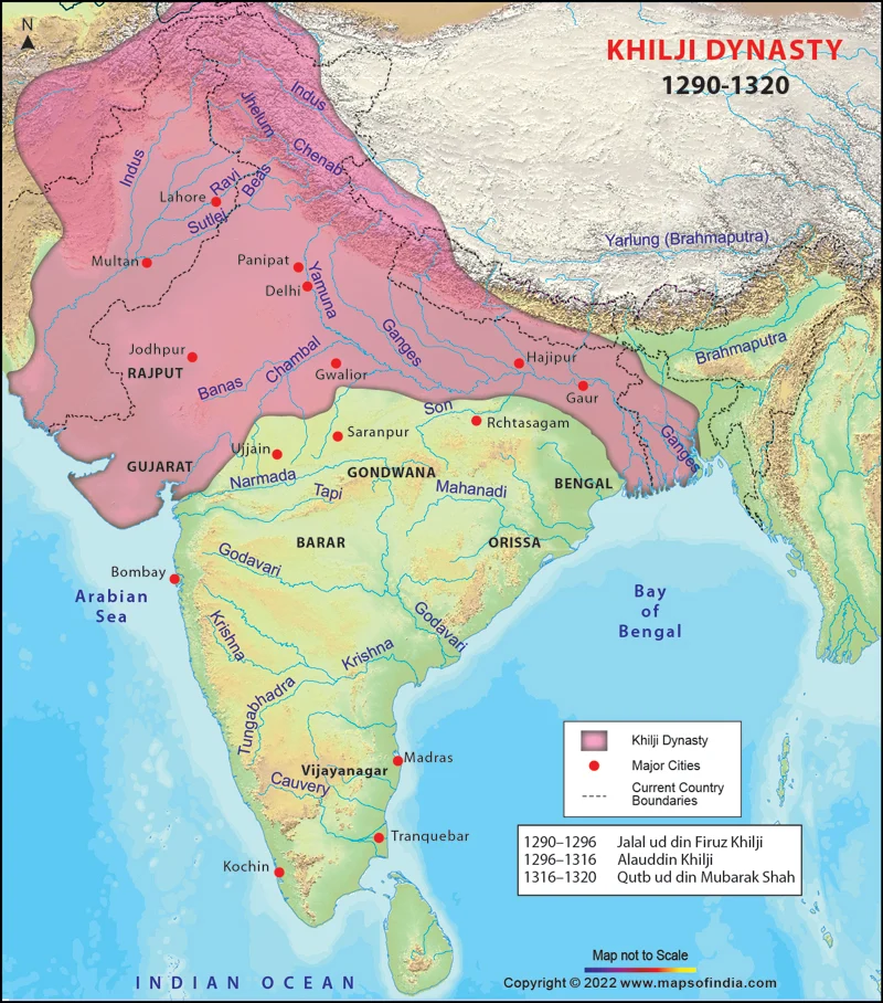 Map showing Khilji expansions 1290-1320 Map showing Khilji expansions 1290-1320