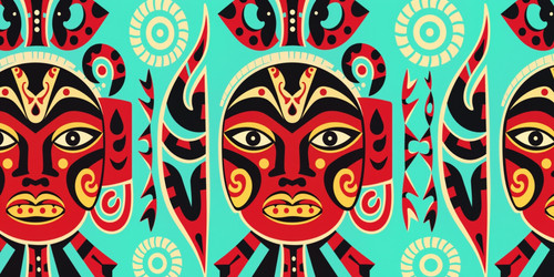 Vibrant tribal pattern featuring a stylized human face with bold geometric shapes swirling lines and.jpg