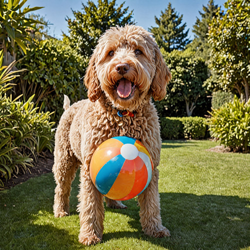 Subject Big Belly Bob a plush labradoodle with an absurdly large spherical belly happily puffed out .jpg