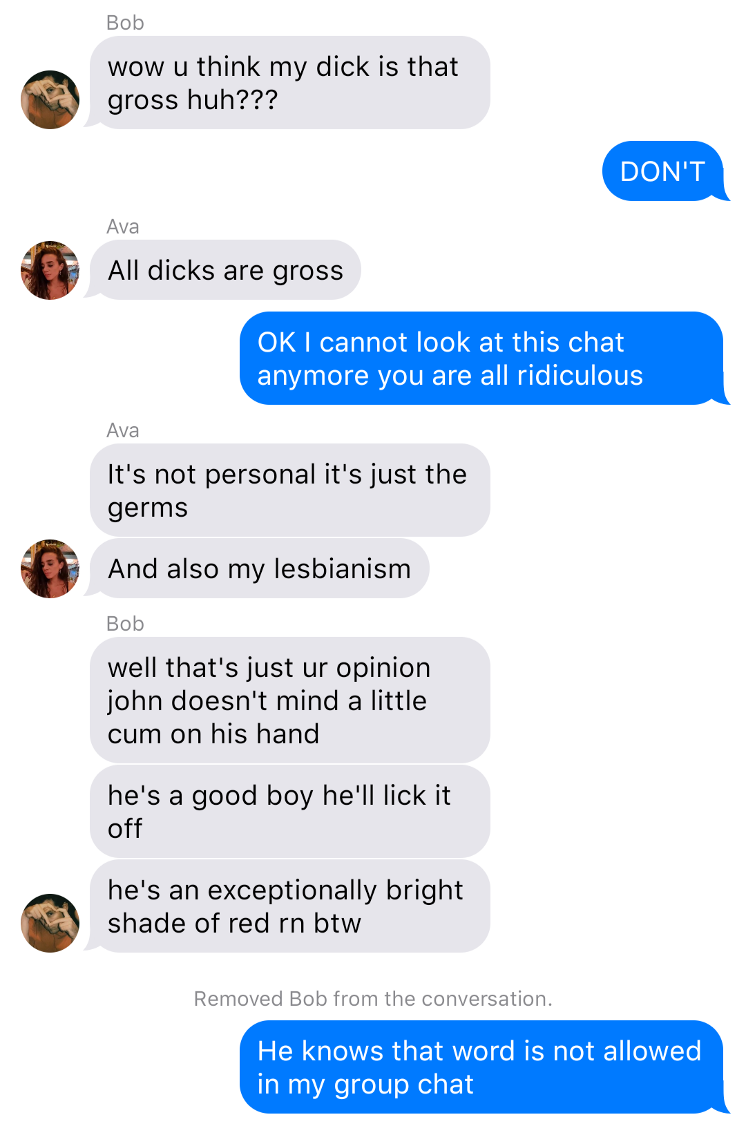 The previous chat continued:
Bob: wow u think my dick is that gross huh???
Yelena: DON’T
Ava: All dicks are gross
Yelena: OK I cannot look at this chat anymore you are all ridiculous
Ava: It’s not personal it's just the germs
Ava: And also my lesbianism
Bob: well that’s just ur opinion john doesn’t mind a little cum on his hand
Bob: he’s a good boy he’ll lick it off
Bob: he’s an exceptionally bright shade of red rn btw
System: Removed Bob from the conversation.
Yelena: He knows that word is not allowed in my group chat