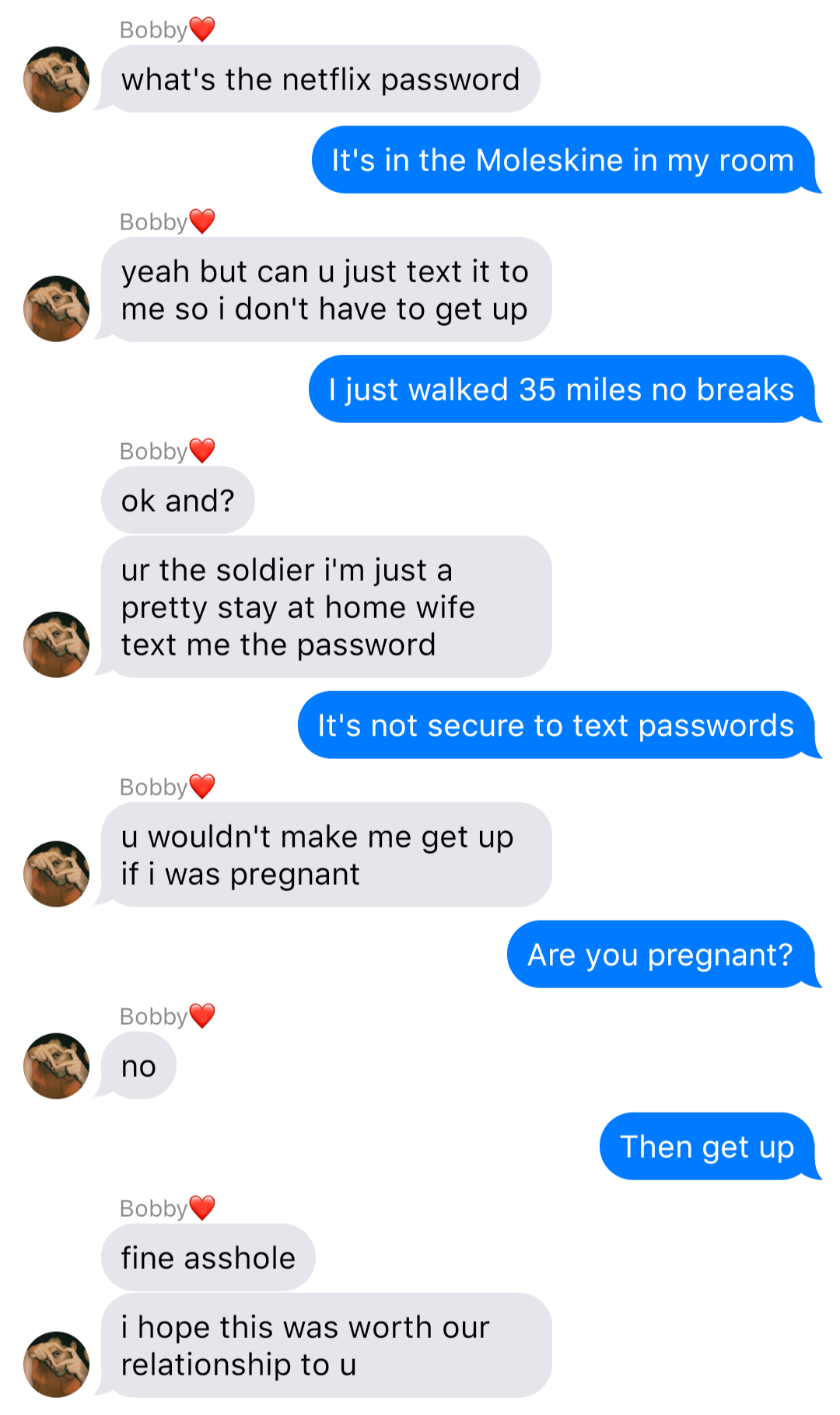A fake ios chat that reads:
Bobby: what’s the netflix password
John: It’s in the Moleskine in my room
Bobby: yeah but can u just text it to me so I don’t have to get up
John: I just walked 35 miles no breaks
Bobby: ok and?
Bobby: ur the soldier I’m just a pretty stay at home wife text me the password
John: It’s not secure to text passwords
Bobby: u wouldn’t make me get up if I was pregnant
John: Are you pregnant?
Bobby: no
John: Then get up
Bobby: fine asshole
Bobby: I hope this was worth our relationship to u