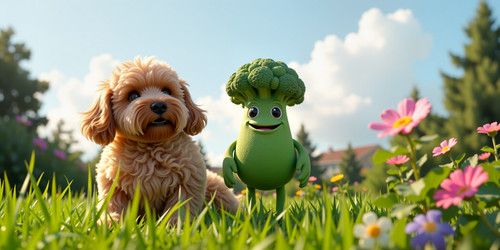 Hyper realistic scene of a plush labradoodle with an absurdly large spherical belly BBB and a green .jpg