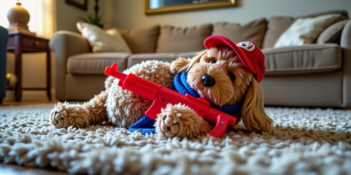 Ultra realistic photo of the Big Belly Bob plush labradoodle lounging on a cushioned carpet its bell.jpg