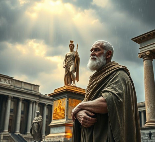 a philosophical depiction of an elderly roman senator in a damp tunic and cloak contemplating ne.jpg