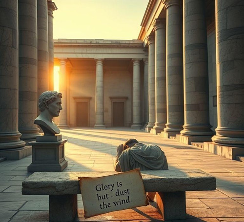 a lone roman general sits on a weathered stone bench in a quiet courtyard surrounded by tall marble.jpg