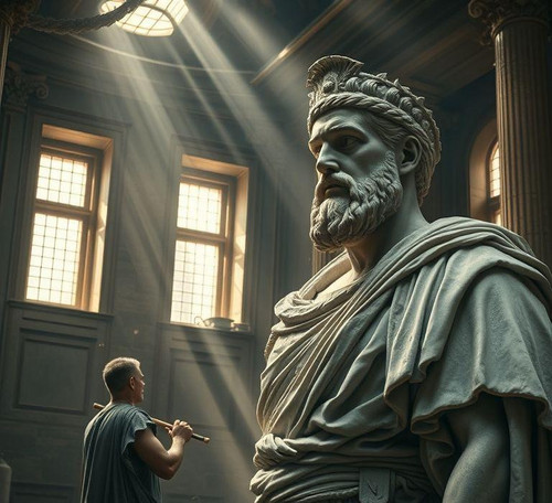 a stoic roman general stands in a dimly lit marble workshop adorned with laurel wreaths and togas o.jpg