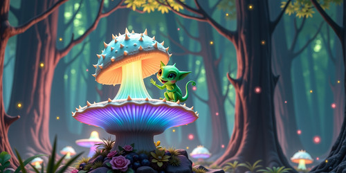 A hyper realistic portrait of an Absurdly Adorable Alien AAA perched on a towering luminous mushroom.jpg