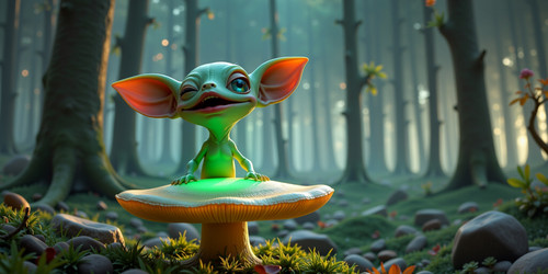 A hyper realistic shot of an Absurdly Adorable Alien AAA perched on a luminous mushroom inside an al.jpg