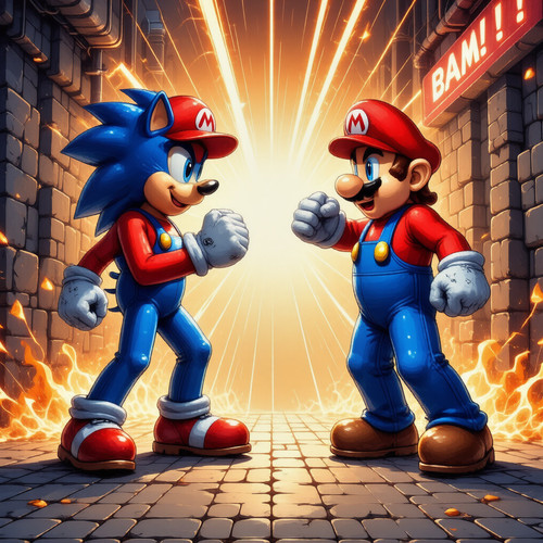 A gritty 1990s arcade fighting scene in pixelated comic book style On the left stands Sonic the Hedg.jpg