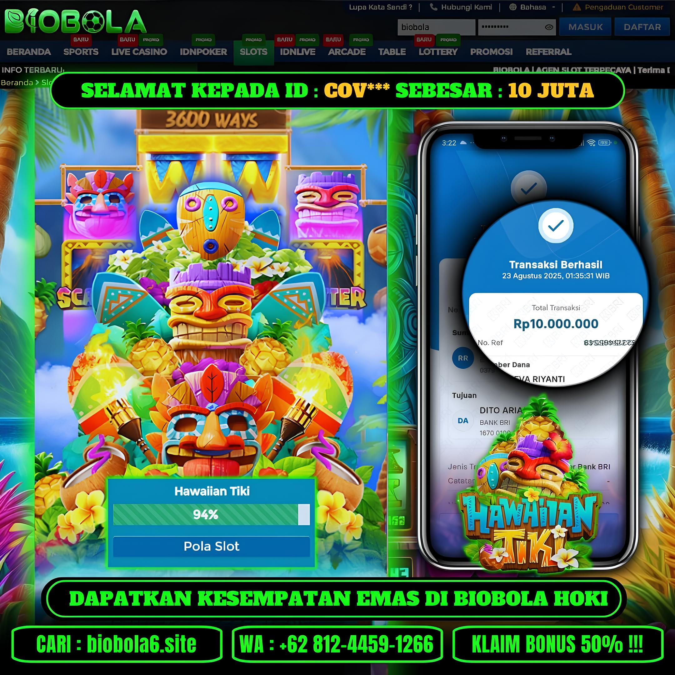 BIOBOLA  - JACKPOT DI GAME SLOT HAWAIIAN TIKI RP 10JT DIBAYAR LUNAS