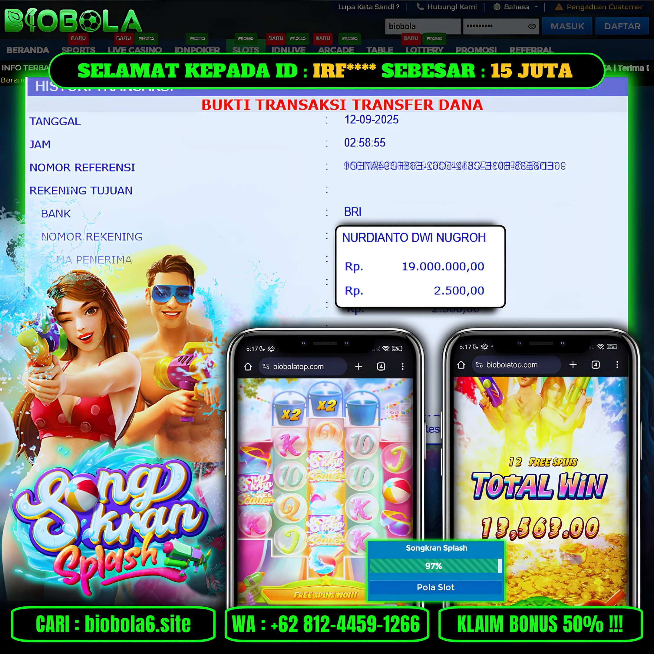 BIOBOLA  - JACKPOT DI GAME SONGKRAN SPLASH  RP 19JT DIBAYAR LUNAS