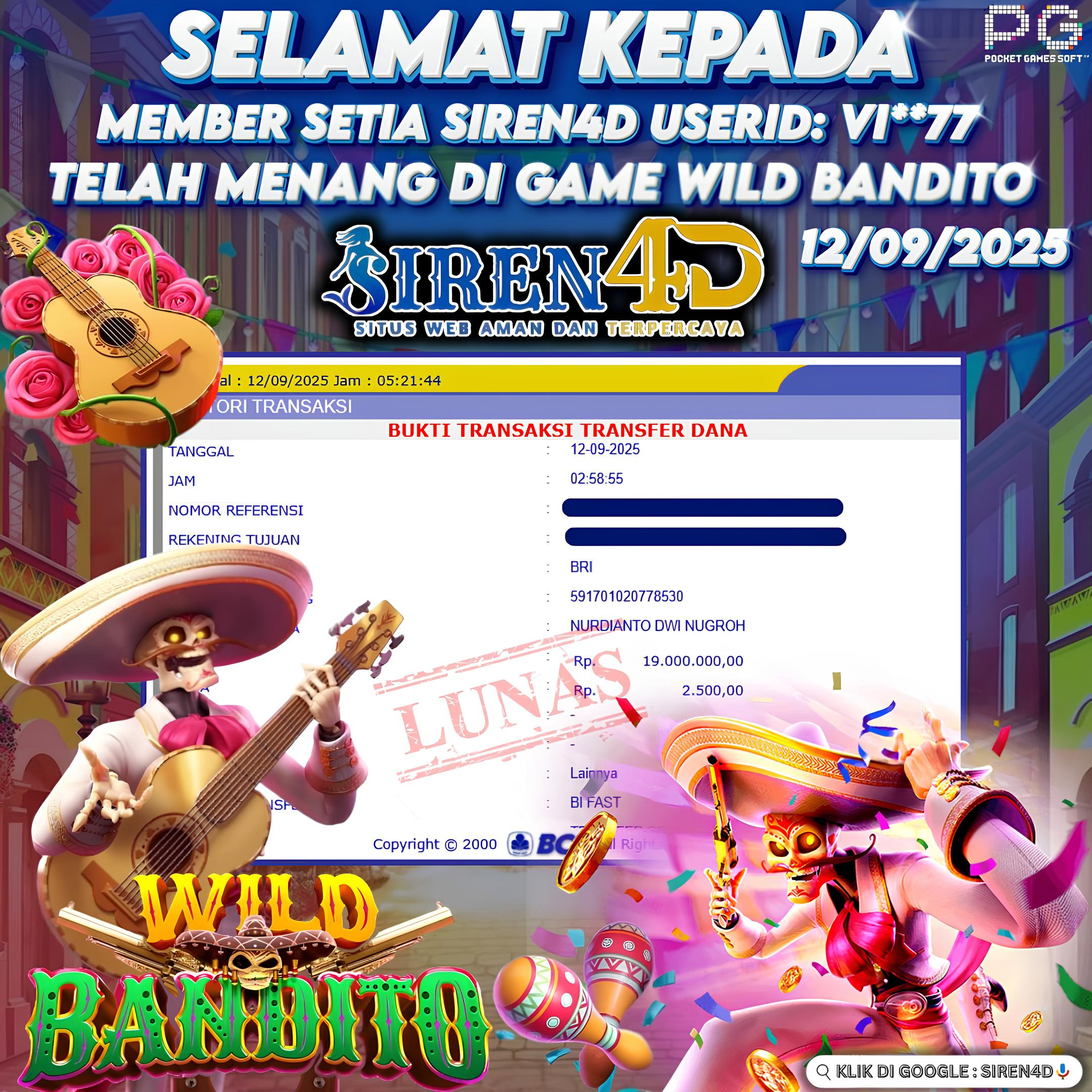 SIREN4D  - JACKPOT DI GAME WILD BANDITO RP 19JT DIBAYAR LUNAS