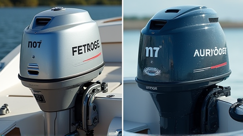 Сравнение нового и б/у лодочного мотора: новый с гарантией и б/у со следами эксплуатации.