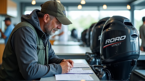 Рыбак проверяет новый лодочный мотор у дилера, сверяя документы и серийный номер.