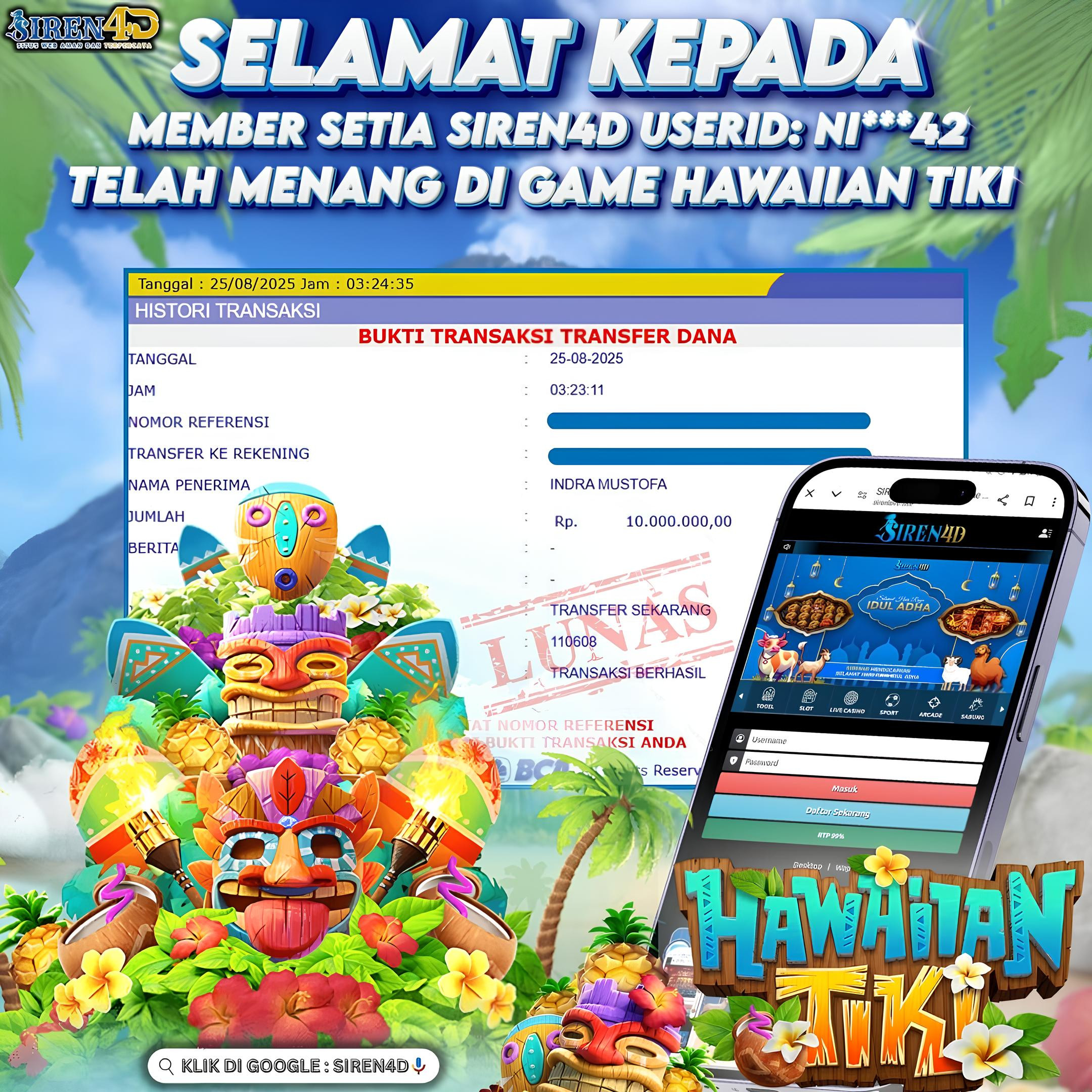 SIREN4D  - JACKPOT DI GAME HAWAIIAN TIKI MEGAWAYS RP 10JT DIBAYAR LUNAS