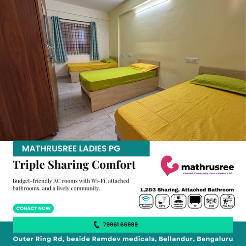 Our triple sharing rooms at the best women PG near Bellandur