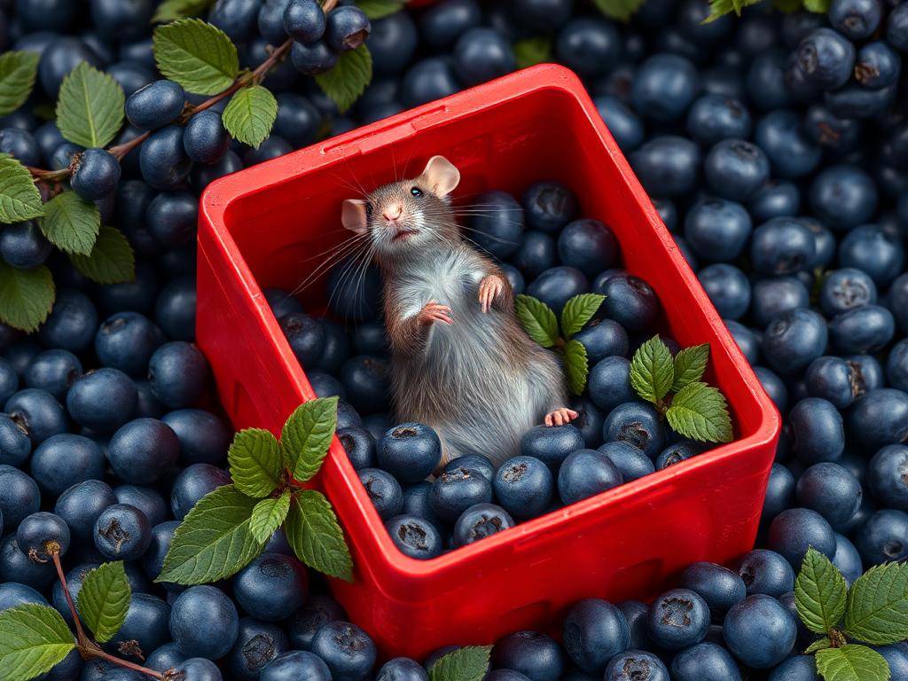 A red box of blue berries with a rat dancing inside