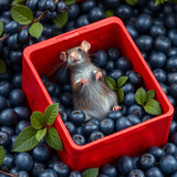www.naked-ai.art - A red box of blue berries with a rat dancing inside